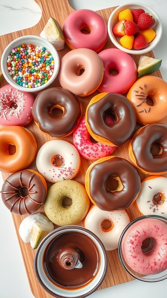 A vibrant assortment of donuts on a serving board with toppings and fresh fruit.